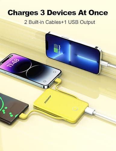 Alongza 6000mAh Small Portable Phone Charger with Built in Cable Lightweight Power Bank Type C Fast Charging External Battery Pack Slim Backup Charger Compatible with iPhone, Android - Yellow thumbnail 4
