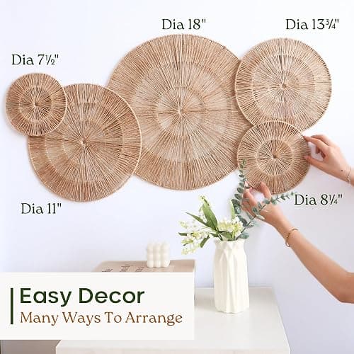 CHI AN HOME 18 Inch Boho Wall Decor – Set of 5 Woven Jute Wall Baskets, Boho Wall Art & Decorative Basket Set, Farmhouse Wall Hanging, Handwoven Wall Plates for Living Room, Bedroom – 18", 14", 11", 8", 7" thumbnail 3
