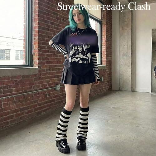 Fizzlup Harajuku Leg And Arm Warmers Set, Y2K Red And Black Striped High Socks Flared Goth Scene Accessories for Women thumbnail 5