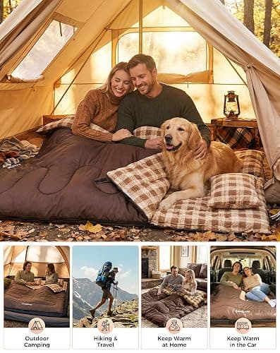 KingCamp Double Sleeping Bag for Adults, Queen Size 2 Person Sleeping Bag | XXL 100% Cotton Flannel Waterproof,Lightweight,Includes 2 Pillows Sleeping Bag,Perfect for Couples Family Camping Hiking thumbnail 7