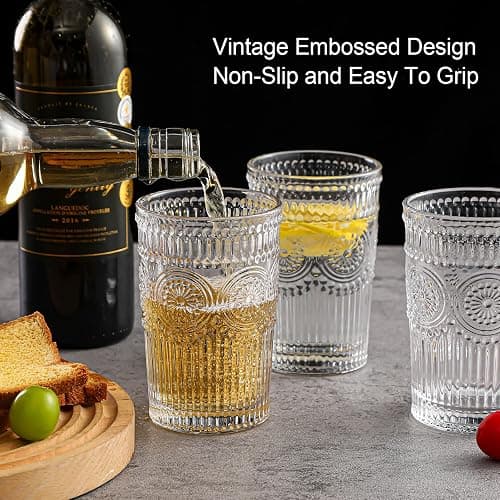 ZMOWIPDL Vintage Glassware Drinking Glasses Set of 6,13 oz Clear Textured Flower Design Glass Water Tumblers，Embossed Striped Drinkware for Water,Cocktails,Juice,Iced Coffee thumbnail 6