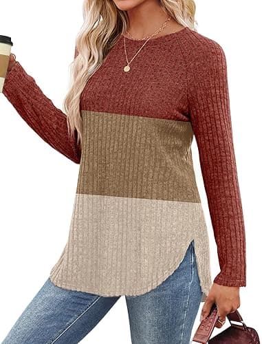 Saloogoe Long Sleeve Shirts for Women 2025 Fall Clothes Tunic Tops Loose Fit Dressy Crewneck Pullover Sweaters Curved Hem thumbnail 3