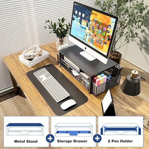 OPNICE Desk Organizer and Accessories, 2-Tier Computer Monitor Stand Riser with Drawer and 2 Pen Holders, Laptop Stand, Office Desk Accessories for Office Supplies, Black thumbnail 8
