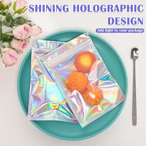 Jetmore 100 Pcs Resealable Mylar Bags, Smell Proof Goodie Bags with Clear Window, Small Holographic Bags for Halloween, Gift, Candy, Bracelet, Keychain, Treat, Product, Sealable Plastic Bags thumbnail 2
