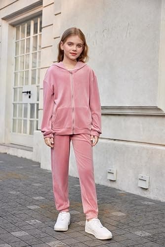 Arshiner 2 Piece Outfits for Girls Velour Tracksuit Hoodie and Jogger Set Sweatsuit Athletic Clothes Sets thumbnail 2