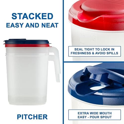 2-Pack Oval Slim Plastic Pitchers With Lids – 1 Gallon, Flip-Top Pivot Spout, Well-Gripped Handle, Water Jug, With Measuring Option, Ideal for Water, Juice & Iced Tea (Blue & Red) BPA Free thumbnail 6