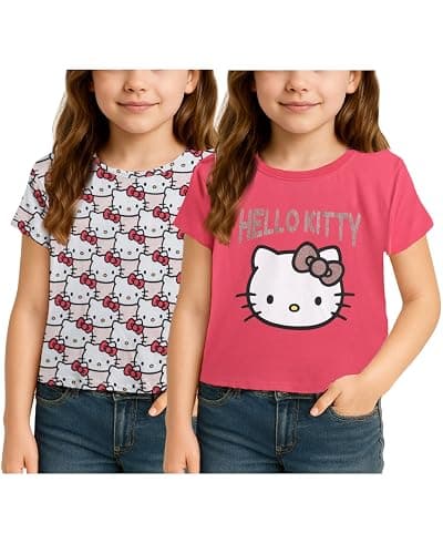 Hello Kitty Girls Shirts - 2 Pack Cotton Blend Short Sleeve Tops - Crewneck Cute Graphic Girls Tee Shirt Pack - Image 1