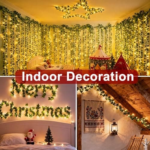 Joysing Efeu Lichterkette Innen 10M 100 LED Efeu Girlande mit Lichterkette Batteriebetrieben mit Fernbedienung Timer, 8 Modi Fake Efeu Lichterketten Wasserdicht Weihnachtsbeleuchtung fur Zimmer Aussen thumbnail 3