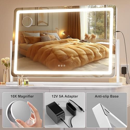 Hasipu Vanity Mirror with Lights, 35.4" x 23.6" LED Makeup Mirror, Light up Mirror with 10X Magnification and Phone Holder, USB Charging Port, Smart Touch 3 Colors Dimmable (White) thumbnail 8