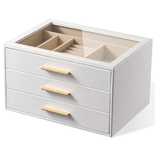 pickpiff Jewelry Box Organizer Case for Women: 3-Layer Jewelry Storage Case with Glass Window, Pure White Leather with Velvet Holder for Ring Necklace Bracelet Brooch Watch, Great Gift for Her - Image 1