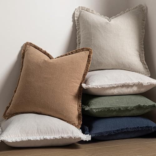 MIULEE Decorative Throw Pillow Covers Neutral Linen Fringe Throw Pillows Euro Shams Set of 2 Natural Beige Boho Farmhouse Cushion Covers for Couch Sofa Bed Living Room Spring Home Decor 24x24 Inch thumbnail 5