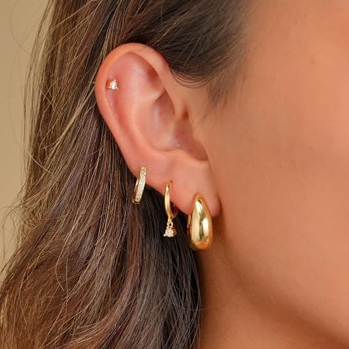 Bsoepnr 4 Pairs Gold Hoop Earrings Set for Women, Dainty 14K Gold Plated Small Huggie Stud Earrings Hypoallergenic Dangle Cartilage Huggie Hoop Earrings for Multiple Piercings thumbnail 2