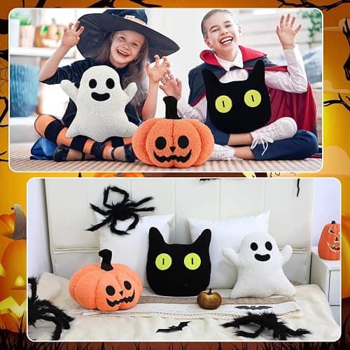 Justforjoyful 3Pcs Halloween Pillow Plush Pumpkin Ghost Throw Pillow for Halloween Home Party Decoration Stuffed Black Cat Shaped Cushion Pillow for Cozy Halloween Living Room Bedroom Sofa Supplies thumbnail 6