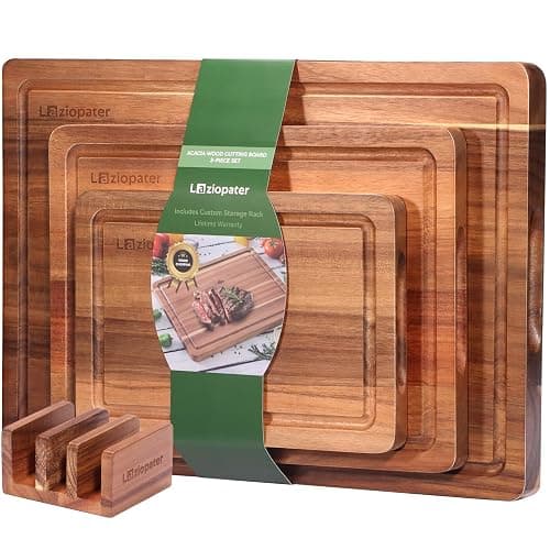 Acacia Wood Cutting Board,Solid Wood Cutting Board for Kitchen with Holder with Deep Juice Grooves & Built-in Handles, Durable Wooden Chopping Board Set of 3 for Meat, Vegetables and Fruits - Image 1