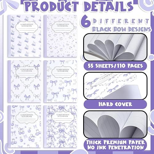 Fullhawl 6 Pack Purple Cherry Composition Notebook College Ruled | Back to School Supplies 110 Pages Note Taking, 9-3/4 x 7-1/2"Inch Size, Preppy Aesthetic Design, Cute Journal Office Use thumbnail 5