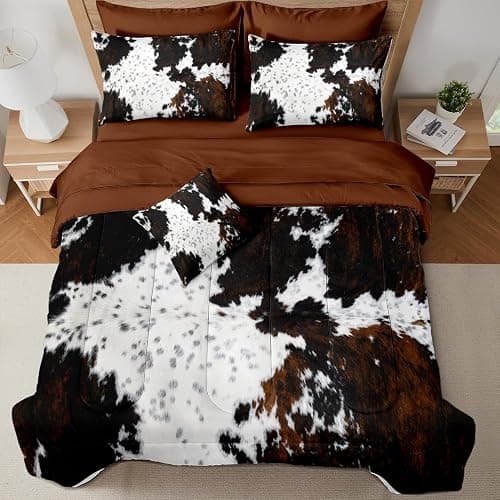 MUGINYU Brown Cowhide Comforter Set Queen, 8 Pieces Bed in a Bag Black White Cow Skin Print Western Farmhouse Animal Fur Bedding Set - Image 1