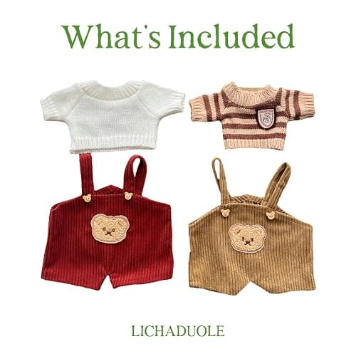 LICHADUOLE 9-12"/30cm Plush Outfit Set: Knit Sweaters + Corduroy Overalls for Medium Bartholomew Bear Doll Clothing for Fuller-Figured Teddy Bears (NO Doll) thumbnail 6