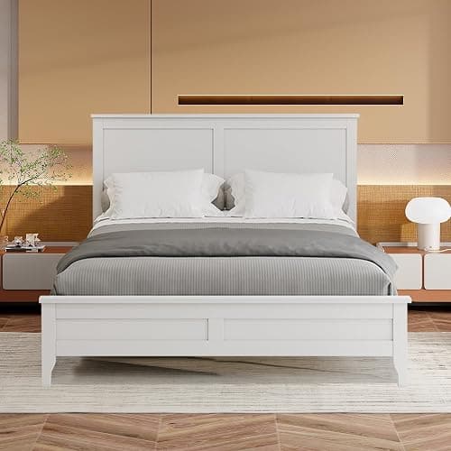 Merax Full Size Platform Bed, Wooden Full Platform Bed Frame with Headboard and Footboard, Wood Slat Support, No Box Spring Needed, White - Image 1