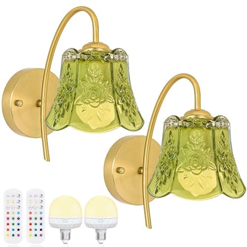 FFVU Wireless Wall Sconce with Flower lampshade, Battery Operated Wall Lights,Wall lamp with 15 Colors for Bedroom Living Room Home Decor (Green Flower,2 Light Battery Operated) - Image 1