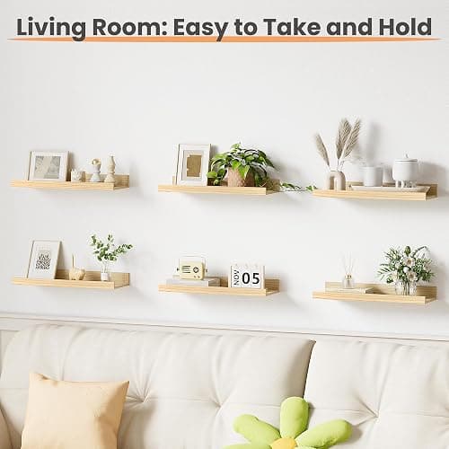 upsimples Floating Shelves for Wall, Wall Shelves for Decor Storage Set of 6, Wall Mounted Wood Shelf for Bedroom, Living Room, Bathroom, Kitchen, Picture Ledge Shelves, Natural thumbnail 5