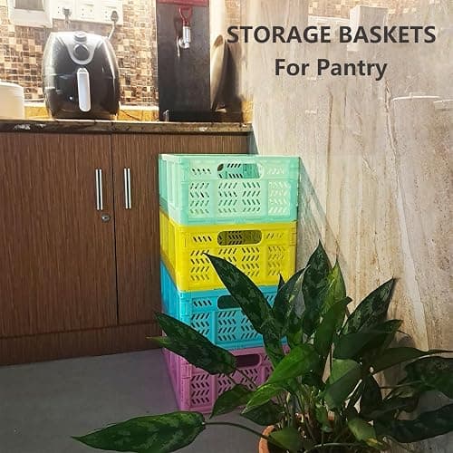 PTEREIW 20L Folding Crate, 4Pack Plastic Storage Baskets Organizer and Milk Crates,Collapsible Storage Crates for Home Office and Outdoor Organizer.(Pink) thumbnail 6