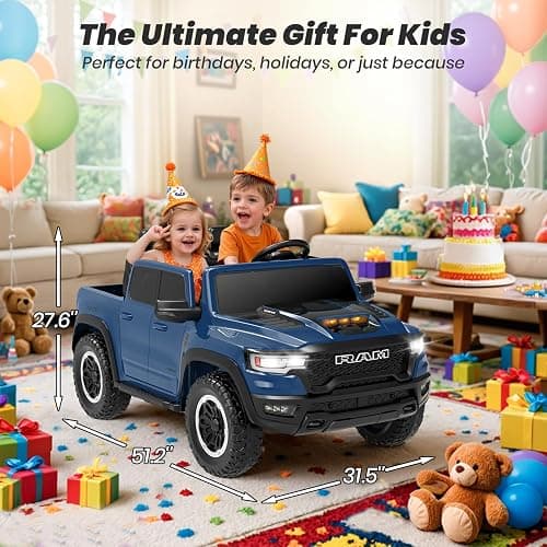 Segmart 2 Seater Electric Car Licensed RAM 1500 RHO, 24V Kids Ride On Truck w/Remote Control, Toddler Ride on Car Toys w/LED Lights, Bluetooth, Music, Truck Bed Storage, Soft Start (Blue) thumbnail 2