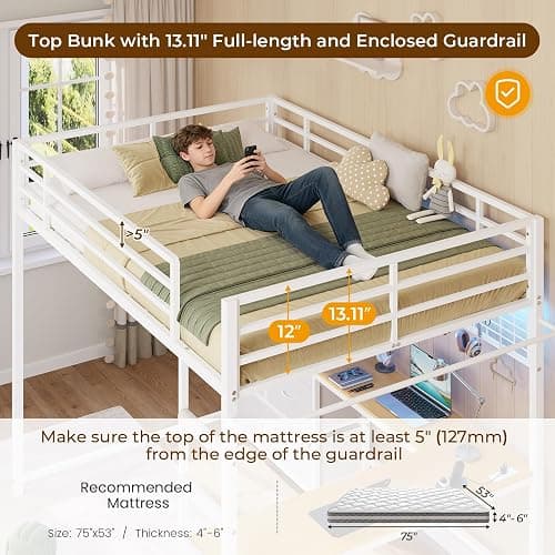 DICTAC Full Loft Bed with L-Shaped Desk and 7 Storage Drawers, Metal Full Size Loft Bed for Teen with LED Lights and Charging Station,13.11" H Safety Guardrail and Ladder,No Box Spring Needed, White thumbnail 6