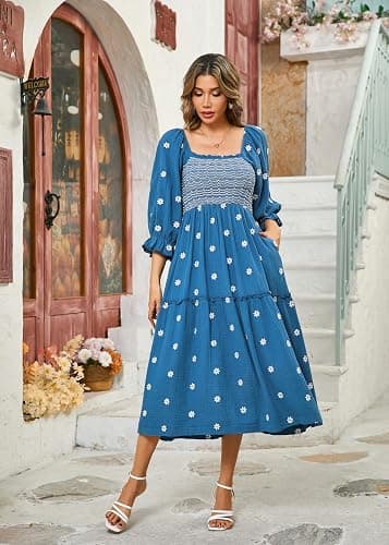 R.Vivimos Women's Long Sleeve Cotton Boho Midi Dress Vintage Square Neck Floral Embroidered Tiered Ruffle Flowy Pockets Dress thumbnail 4