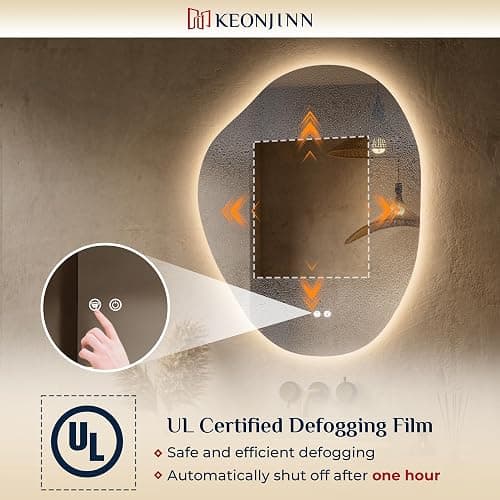 Keonjinn Irregular Backlit Mirror 24 x 30 Inch, Asymmetrical LED Bathroom Mirror with HD Tempered Glass, UL-Listed LED Driver, Stepless Dimmable with 3 Colors, Safe Defogging(Horizontal/Vertical) - 30"L x 24"W thumbnail 7