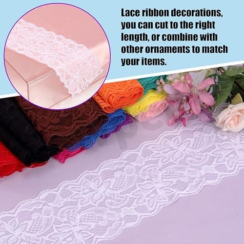 Swpeet 5 Yard by 3.15" Wide White Lace Fabric Stretch Elastic, Trim Lace Ribbon, Elastic Sewing Trim Ribbon for Garment, Headbands, Wedding Bouquet Making DIY Crafts thumbnail 4