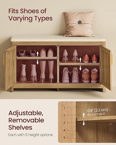 VASAGLE ELLAN Collection - Boho Shoe Bench with Cushion, Entryway Storage Bench with 2 Rattan-Look Cabinet Doors, Rounded Corners, Adjustable Shelf, for Bedroom Under Window, Natural Brown ULSB501KC01 thumbnail 6