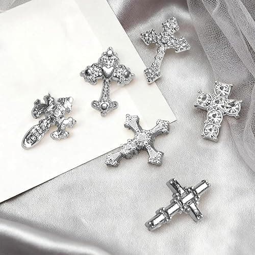 TESGADGETS 60 Stück 3D-Nagelanhänger aus Metalllegierung mit Kristallkreuzen – ideal für DIY-Punk-Nagelkunst von Frauen und Mädchen, mit Strasssteinen, Silber thumbnail 3