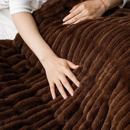 BATTILO HOME Rust Brown Faux Fur Throw Blanket for Bed, Large Double Side Reversible Ruched Rabbit Fur Blanket for Couch, Living Room, Soft Warm Mink Cozy Blanket, 60x80 Inch thumbnail 6