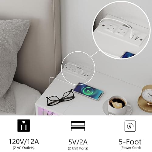 Veegle White Floating Nightstand with Charging Station and LED Lights,White thumbnail 3