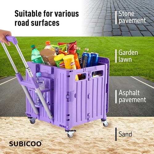 Folding Utility Cart Portable Rolling Crate Handcart Shopping Trolley Collapsible Tool Box, with Lid, Basket on 4 Rotate Wheels, for Grocery, Shopping, Office, Storage, Teacher (Purple) thumbnail 6