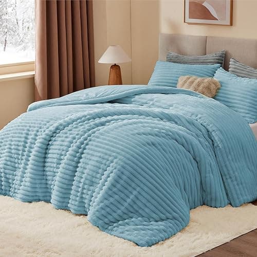 BEDELITE Fleece Queen Comforter Set -Super Soft & Warm Fluffy Light Blue Bedding, Luxury Fuzzy Heavy Bed Set for Winter with 2 Pillow Cases thumbnail 3