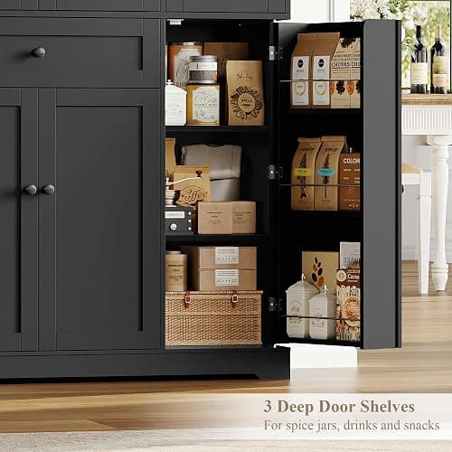 HOSTACK 68" Tall Kitchen Pantry Storage Cabinet, Modern Kitchen Hutch Cabinet with Doors and Shelves, Freestanding Food Pantry with Large Storage Drawer for Dining Room, Living Room, Black thumbnail 8