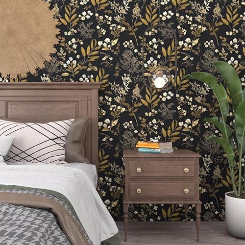 Laatse Black Gold Wallpaper Peel and Stick Dark Floral Wallpaper 17.5in x 118in Vintage Leaf Contact Paper Vinyl Waterproof Self Adhesive Boho Botanical Wall Paper for Bedroom Cabinet Décor thumbnail 5