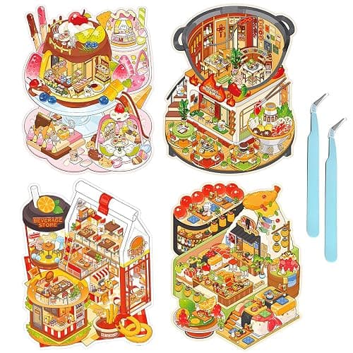 New 4PCS Fun DIY Stickers Scene，Cute 3D Korean Cartoon Scene Sticker for Adult and Children Relief Stress Pass The Time，Mini House Sticker with Tweezers(03) - Image 1