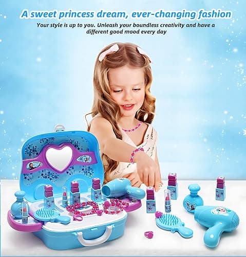 Disne Frozen Girls Makeup Role-Playing Set: 3-in-1 Beauty Luggage with Fashion Accessories, Made of Safe ABS Material, Princess Role-Playing Toy for Girls, Birthday Gifts (Blue) thumbnail 4