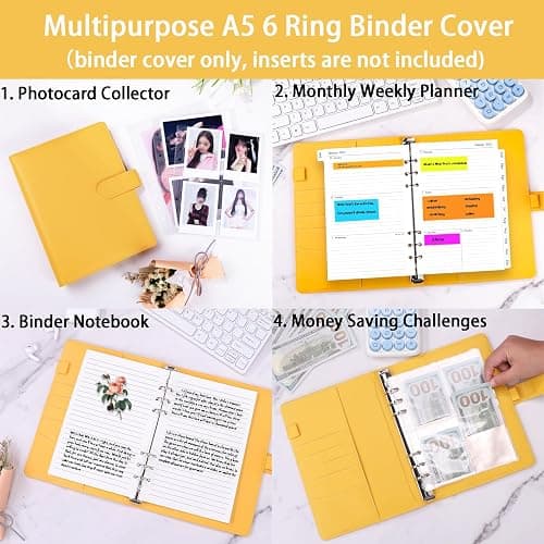 Antner A5 Binder 6 Ring Refillable Notebook Planner Cover, PU Leather Aesthetic Small Binder Loose Leaf Photocard Holder Budget Planner for Cash Organizer with Magnetic Buckle, Lemon Yellow thumbnail 6