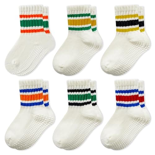 BONANGEL Baby Socks with Grips, 6 Pairs Combed Cotton Seamless Non Slip Crew Socks for Infant Toddler Girls Boys 0-5T - Image 1