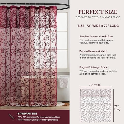 Burgundy Floral Lace Shower Curtain with Valance, 72 x 72 Inch, 1 Panel | Victorian Romance, French Country Charm, Shabby Chic Accent, Soft Light Diffusion, Rich Bath Decor, Subtle Privacy thumbnail 4