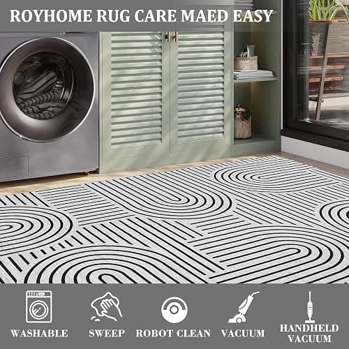 ROYHOME Washable Rug 5x7 Area Rugs for Living Room, Abstract Rug for Bedroom, Soft Rainbow Non Slip Rugs with Rubber Back, Low Pile Stain Resistant Boho Geometric Carpet for Dining Room, Blackwhite thumbnail 5
