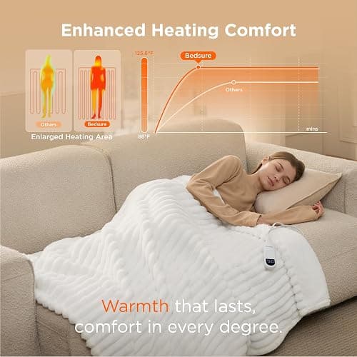 Bedsure Heated Blanket Electric Throw - Thick Striped Flannel Electric Blanket, Heating with 4 Time Settings, 6 Heat Settings, and 3-Hour Timer Auto Shut Off, Gift for Grandma (50x60 inches, White) thumbnail 2