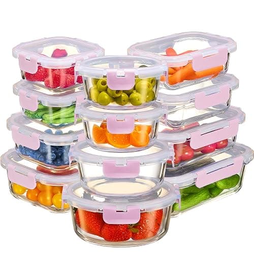 FineDine 24 Piece Glass Storage Containers with Lids - Leak Proof, Dishwasher Safe Glass Food Storage Containers for Meal Prep or Leftovers, Pink - Image 1