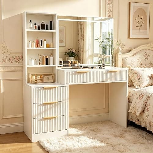 Makeup Vanity Desk with Smart LED Mirror & Charging Station, Large 48" Fluted Wood White Vanity Desk with Power Outlets and USB Ports Modern Glass Top with 5 Storage Drawers Dressing Table for Bedroom - Image 1