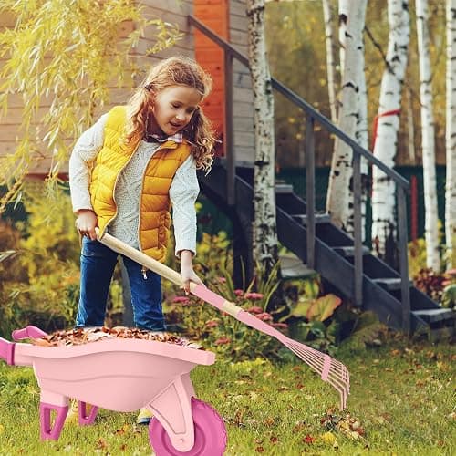Qtioucp Kids Gardening Set with Wheelbarrow, Real Metal Garden Tools for Kids Ages 3-8, 4 Long Handle Tools, 3 Hand Tool, Gloves, 5 Stickers, Handbook, Outdoor Backyard Toys for Toddler Gift thumbnail 5