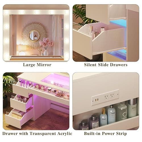 HUAHUU Vanity Desk with Lighted Mirror & Transparent Top, Makeup Vanity Desk with 4 Transparent Drawers and RGB Lighting, Built-in Power Outlet, 3-Tier Side Shelves & Storage Organizer for Bedroom thumbnail 6
