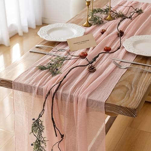 Keketoarrange Pink Spring Easter Table Runner Cheese Cloth Rustic Gauze Cheesecloth Table Runner 120 Inch 10 FT for Wedding Baby Bridal Shower Sheer Boho Home Tea Party Decor - Image 1